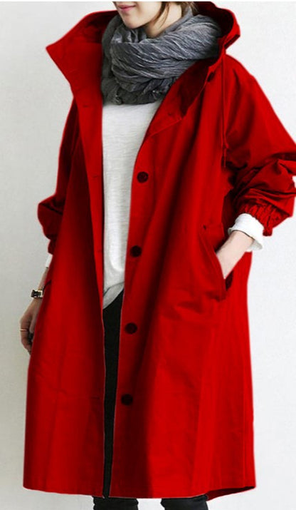 Women's Hooded Trench Coat | Relaxed A-Line | Button Front & Waist Drawstring