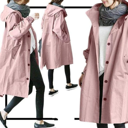 Women's Hooded Trench Coat | Relaxed A-Line | Button Front & Waist Drawstring