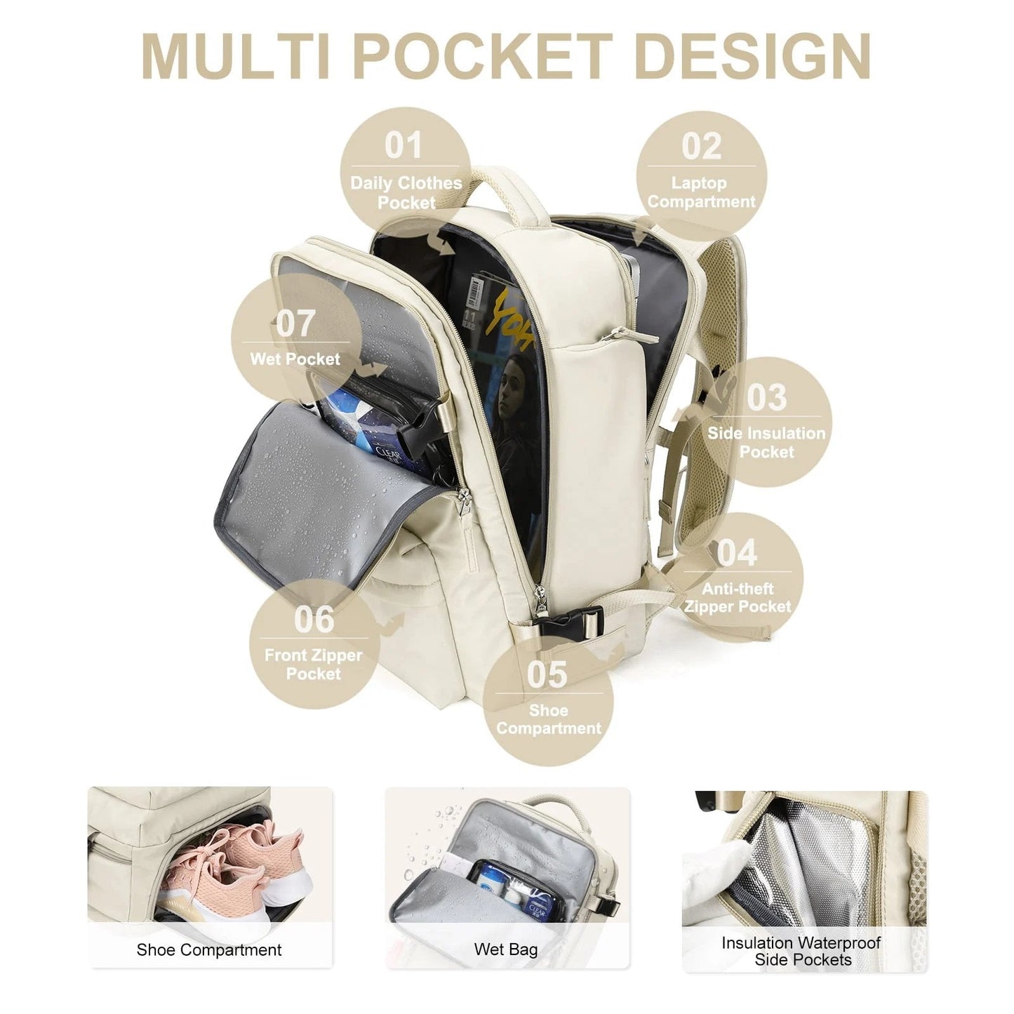 Women's Travel Backpack | Water-Repellent Nylon, 35L | USB Charging Port & Anti-Theft Rear Pocket