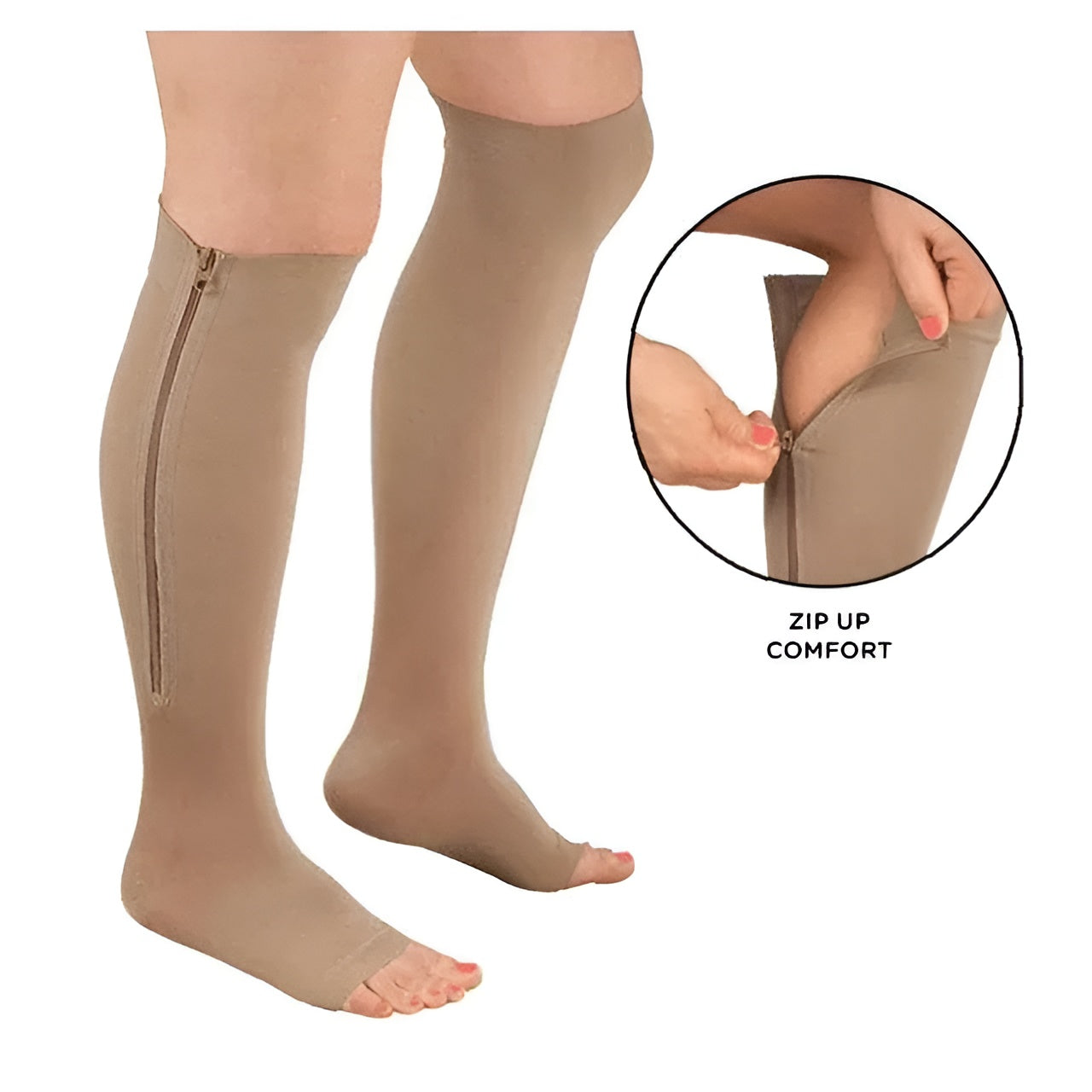 Zippered Compression Socks | Graduated 20–30 mmHg | Open-Toe & Zipper Guard