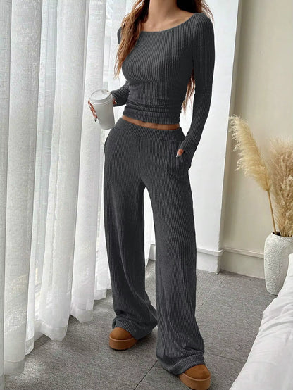 Two-Piece Set Ribbed Knit Loose-Fit Wide-Leg With Pockets