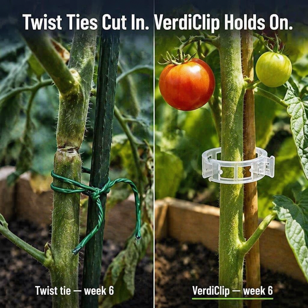 VerdiClip™ — Keep Tomatoes Upright, Skip the Twist Ties, Protect Every Stem from Breaking