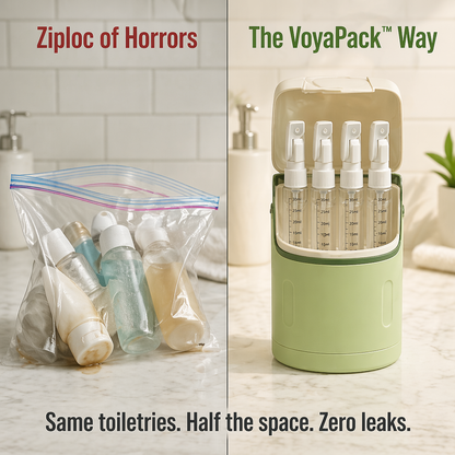 VoyaPack™ — Store, Secure & Dispense All Four Toiletries in One Case